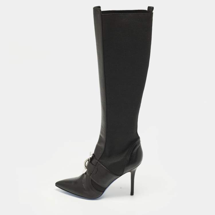 Pre Owned Versace Size 38 Black Leather and Stretch Fabric Knee Length Boots