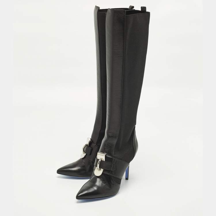 Pre Owned Versace Size 38 Black Leather and Stretch Fabric Knee Length Boots