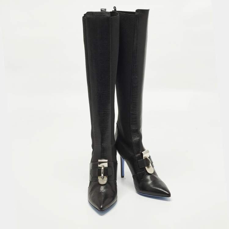 Pre Owned Versace Size 38 Black Leather and Stretch Fabric Knee Length Boots