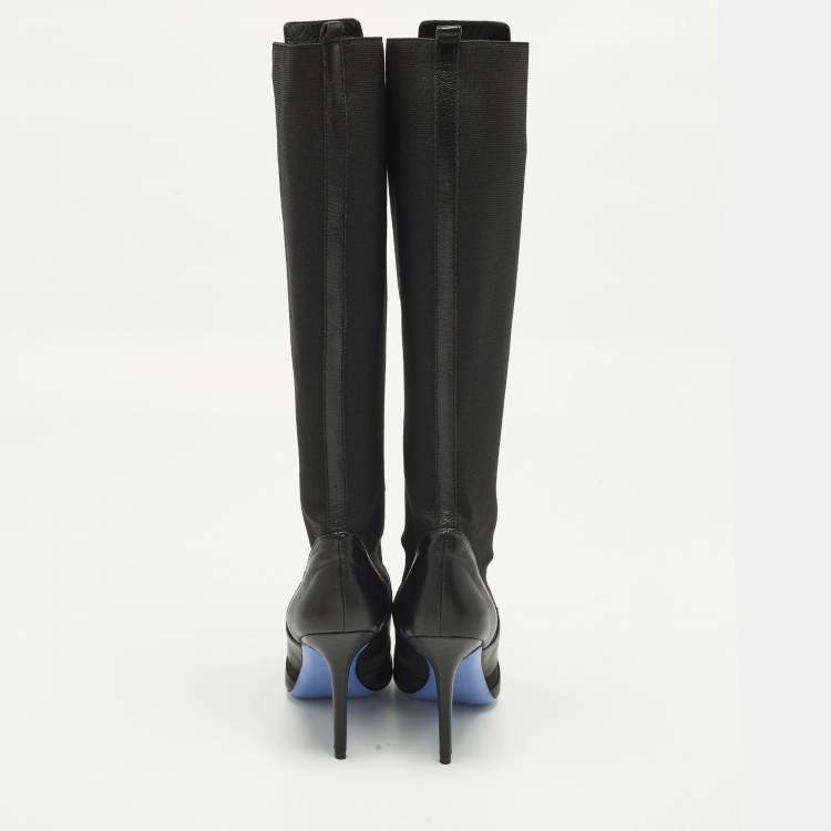 Pre Owned Versace Size 38 Black Leather and Stretch Fabric Knee Length Boots