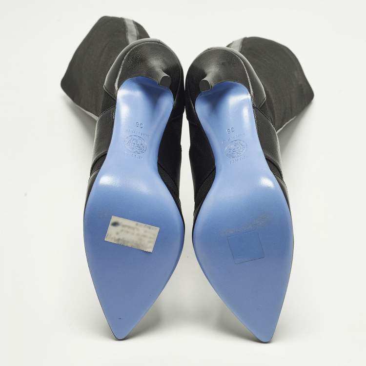 Pre Owned Versace Size 38 Black Leather and Stretch Fabric Knee Length Boots