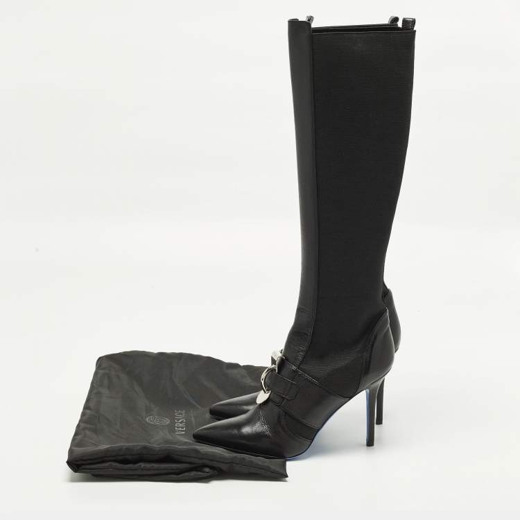 Pre Owned Versace Size 38 Black Leather and Stretch Fabric Knee Length Boots