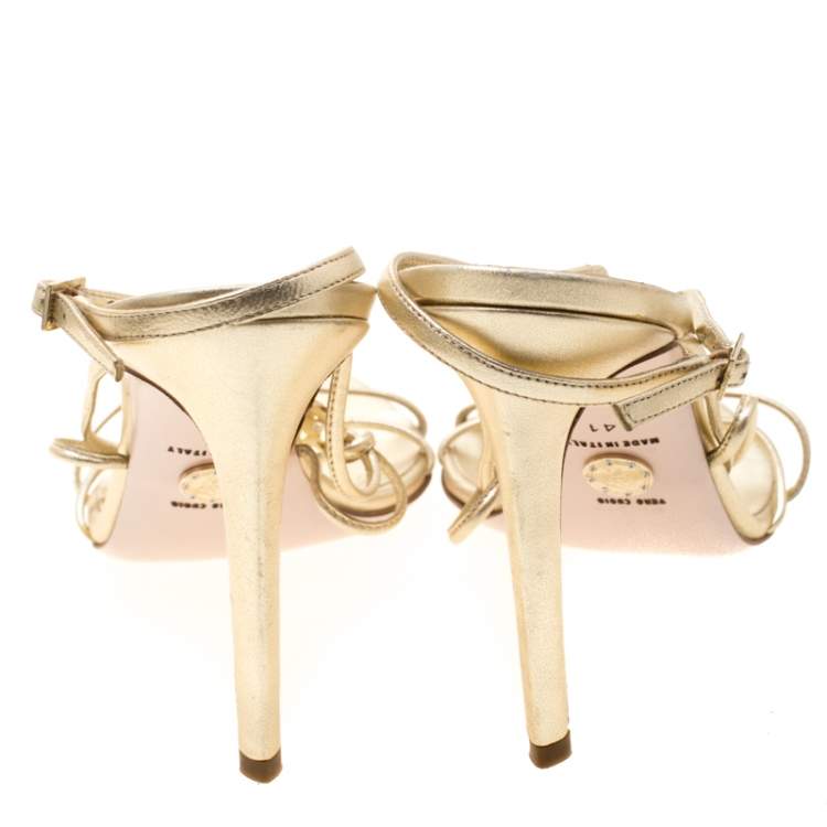 Pre Owned Versace Metallic Gold Leather Crystal Studded Medusa Strappy Sandals Size 41