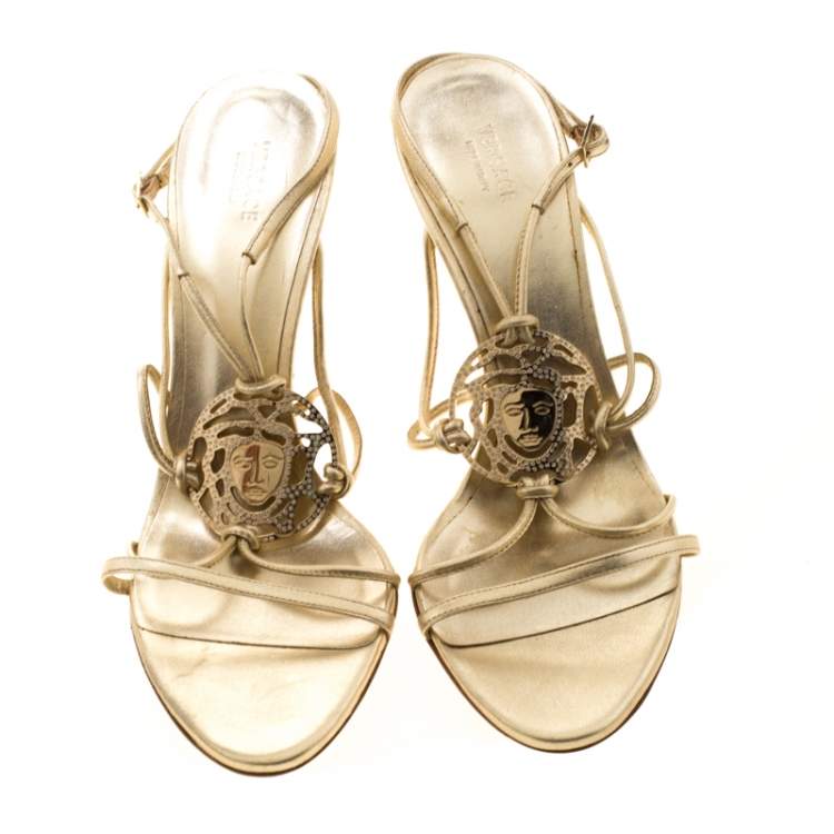 Pre Owned Versace Metallic Gold Leather Crystal Studded Medusa Strappy Sandals Size 41