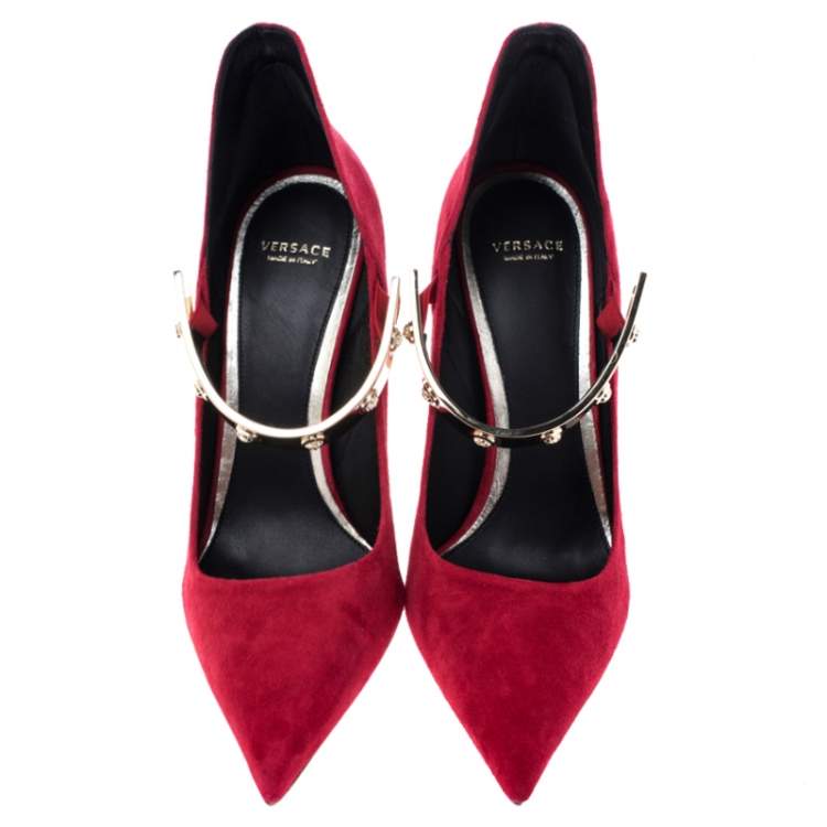 Pre Owned Versace Red Suede Medusa Strap Pointed Toe Pumps Size 40