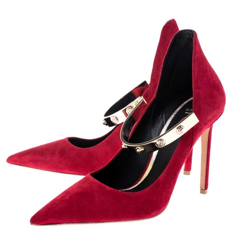 Pre Owned Versace Red Suede Medusa Strap Pointed Toe Pumps Size 40