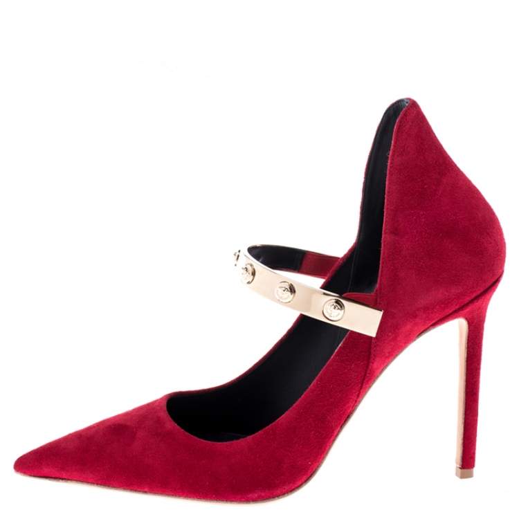 Pre Owned Versace Red Suede Medusa Strap Pointed Toe Pumps Size 40