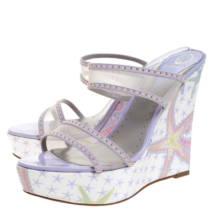 Pre Owned Versace Lilac Mesh And Suede Studded Trim Wedge Platform Sandals Size 40