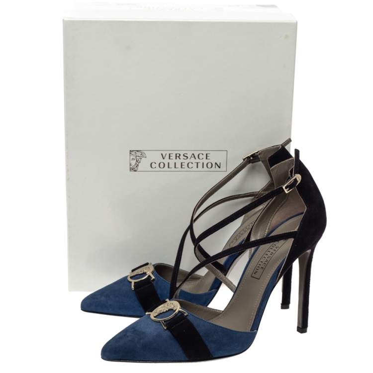 Pre Owned  Versace  Blue/Black Suede Leather Medusa Strappy Pointed Toe Pumps Size 38