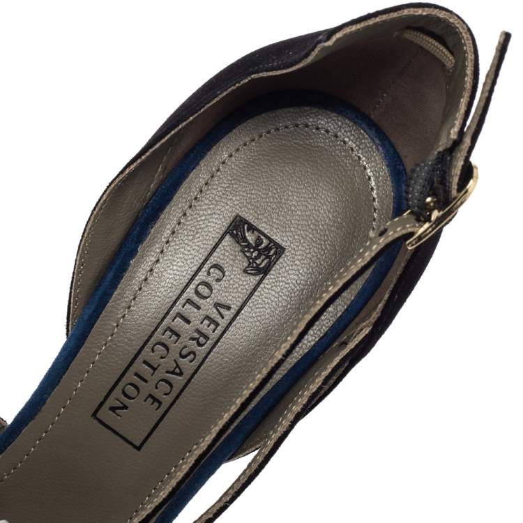 Pre Owned  Versace  Blue/Black Suede Leather Medusa Strappy Pointed Toe Pumps Size 38
