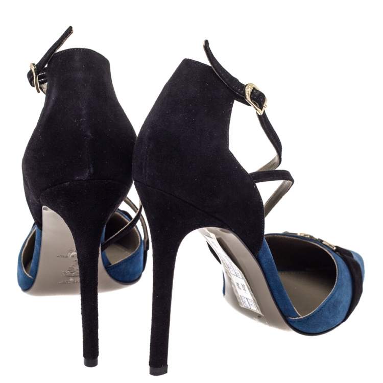 Pre Owned  Versace  Blue/Black Suede Leather Medusa Strappy Pointed Toe Pumps Size 38