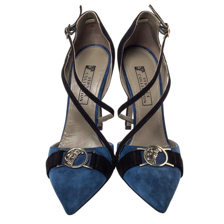 Pre Owned  Versace  Blue/Black Suede Leather Medusa Strappy Pointed Toe Pumps Size 38