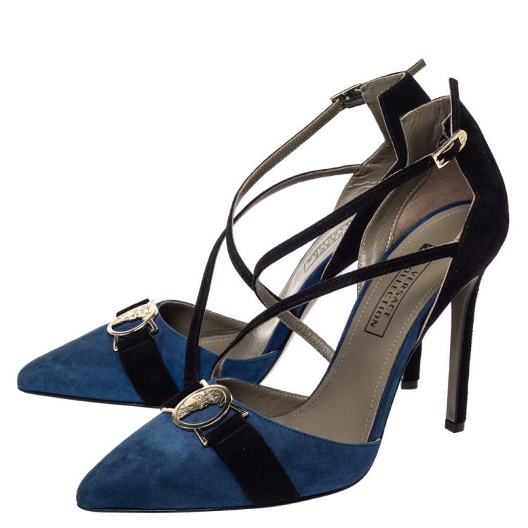 Pre Owned  Versace  Blue/Black Suede Leather Medusa Strappy Pointed Toe Pumps Size 38
