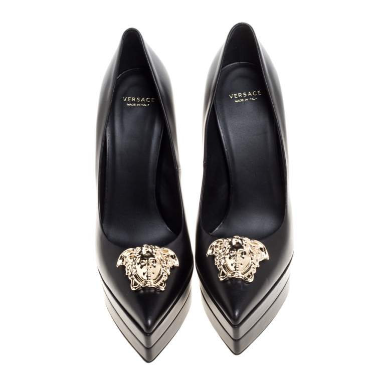 Pre Owned Versace Black Leather Medusa Platform Pointed Toe Pumps Size 38