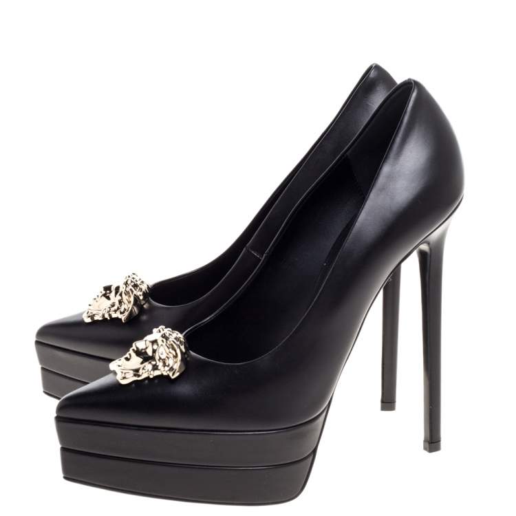 Pre Owned Versace Black Leather Medusa Platform Pointed Toe Pumps Size 38