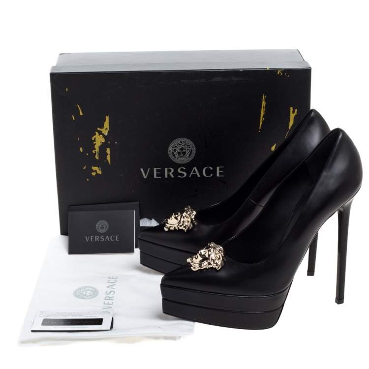 Pre Owned Versace Black Leather Medusa Platform Pointed Toe Pumps Size 38
