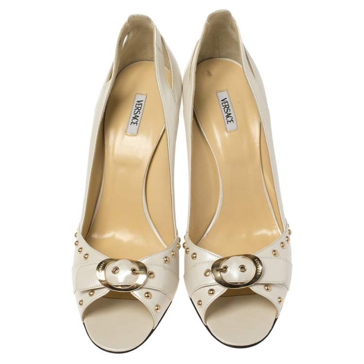 Pre Owned Versace White Leather Studded Buckle Detail Open Toe Pumps Size 41