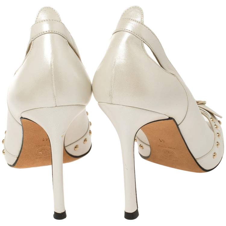 Pre Owned Versace White Leather Studded Buckle Detail Open Toe Pumps Size 41