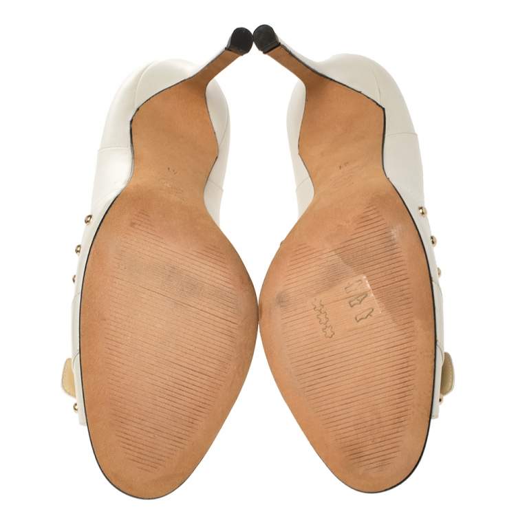 Pre Owned Versace White Leather Studded Buckle Detail Open Toe Pumps Size 41