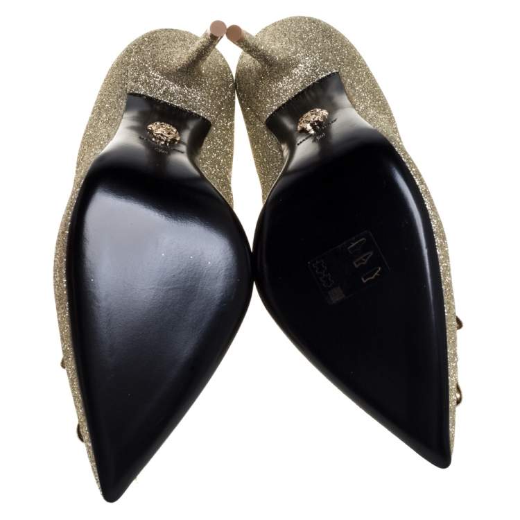 Pre Owned Versace Gold Glitter Fabric Medusa Pointed Toe Pumps Size 40