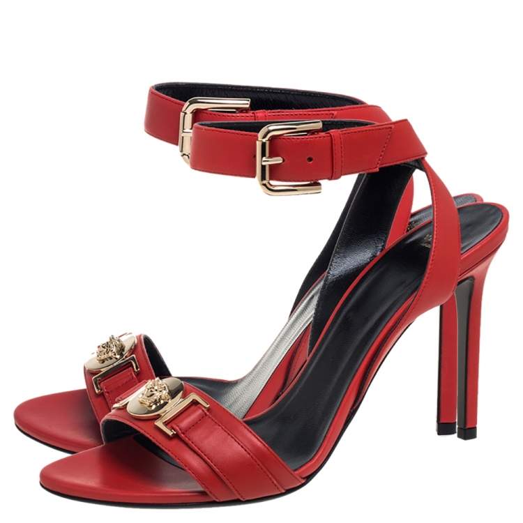 Pre Owned Versace Red Leather Medusa Embellished Ankle Strap Sandals Size 38