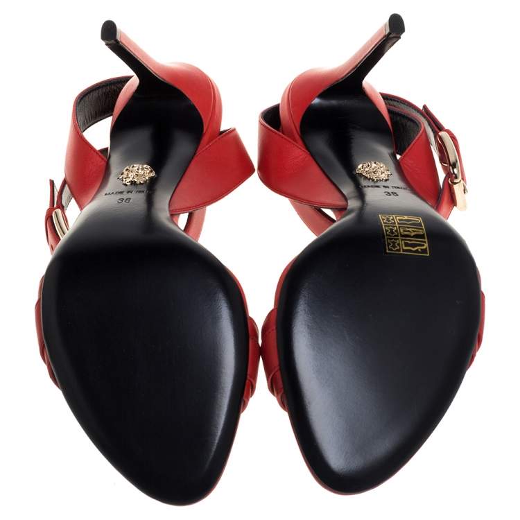 Pre Owned Versace Red Leather Medusa Embellished Ankle Strap Sandals Size 38