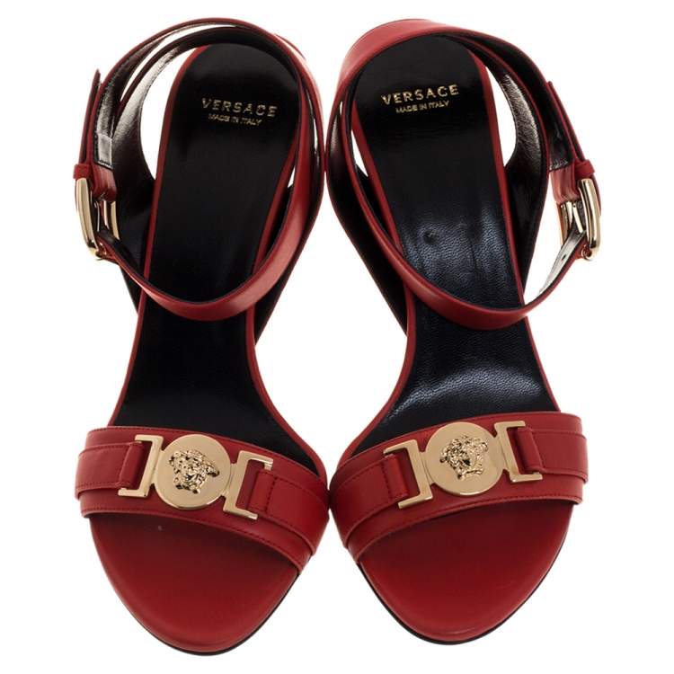 Pre Owned Versace Red Leather Medusa Embellished Ankle Strap Sandals Size 38