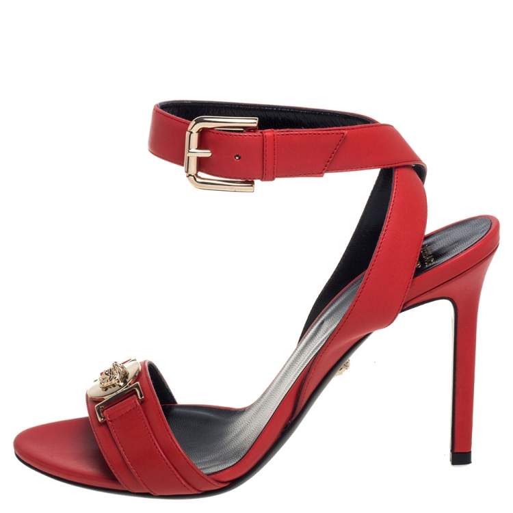 Pre Owned Versace Red Leather Medusa Embellished Ankle Strap Sandals Size 38