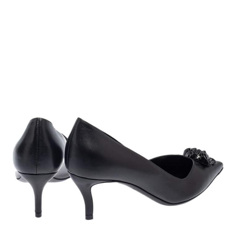 Pre Owned Versace Black Leather Medusa Pointed Toe Pumps Size 37