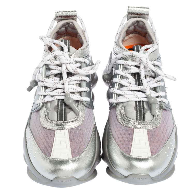 Pre Owned Versace Metallic Grey Mesh, Patent and Leather Chain Reaction Sneakers Size 41