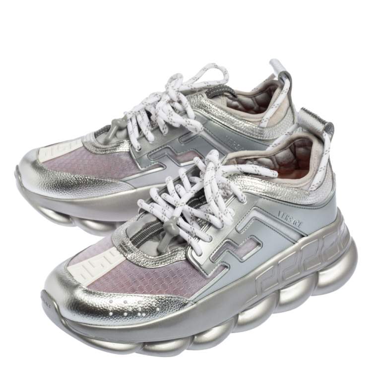 Pre Owned Versace Metallic Grey Mesh, Patent and Leather Chain Reaction Sneakers Size 41
