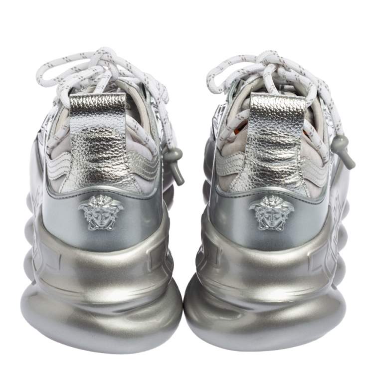 Pre Owned Versace Metallic Grey Mesh, Patent and Leather Chain Reaction Sneakers Size 41
