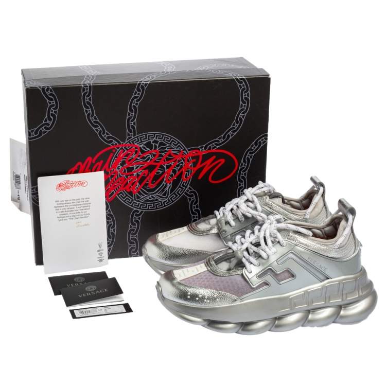 Pre Owned Versace Metallic Grey Mesh, Patent and Leather Chain Reaction Sneakers Size 41