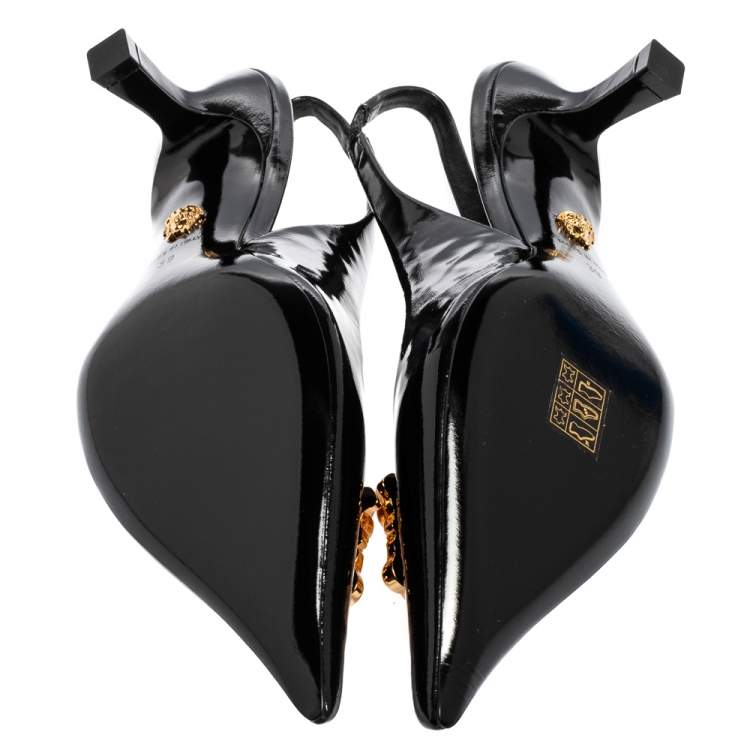 Pre Owned Versace Black Patent Leather Palazzo Medusa Slingback Pumps Size 39