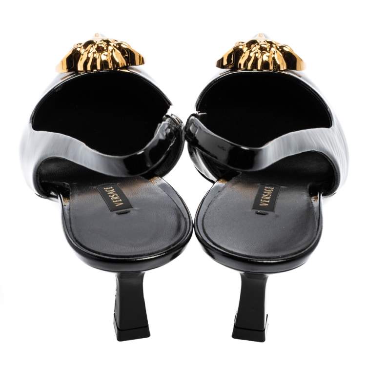 Pre Owned Versace Black Patent Leather Palazzo Medusa Slingback Pumps Size 39