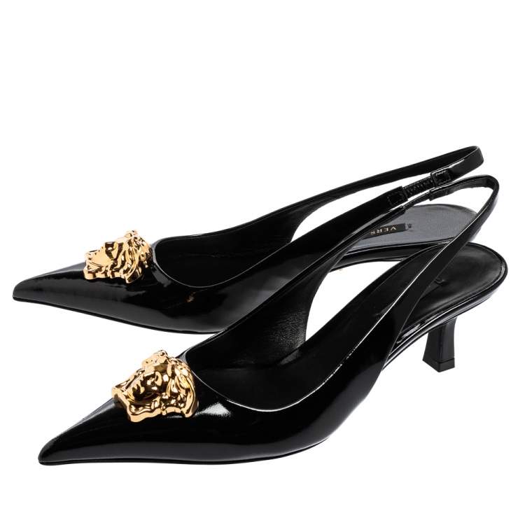 Pre Owned Versace Black Patent Leather Palazzo Medusa Slingback Pumps Size 39
