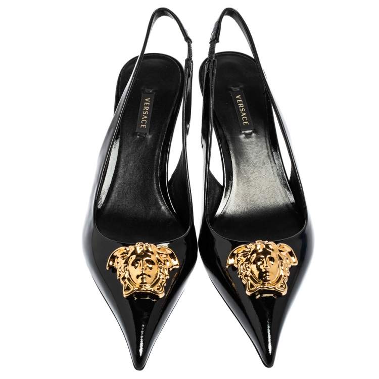 Pre Owned Versace Black Patent Leather Palazzo Medusa Slingback Pumps Size 39