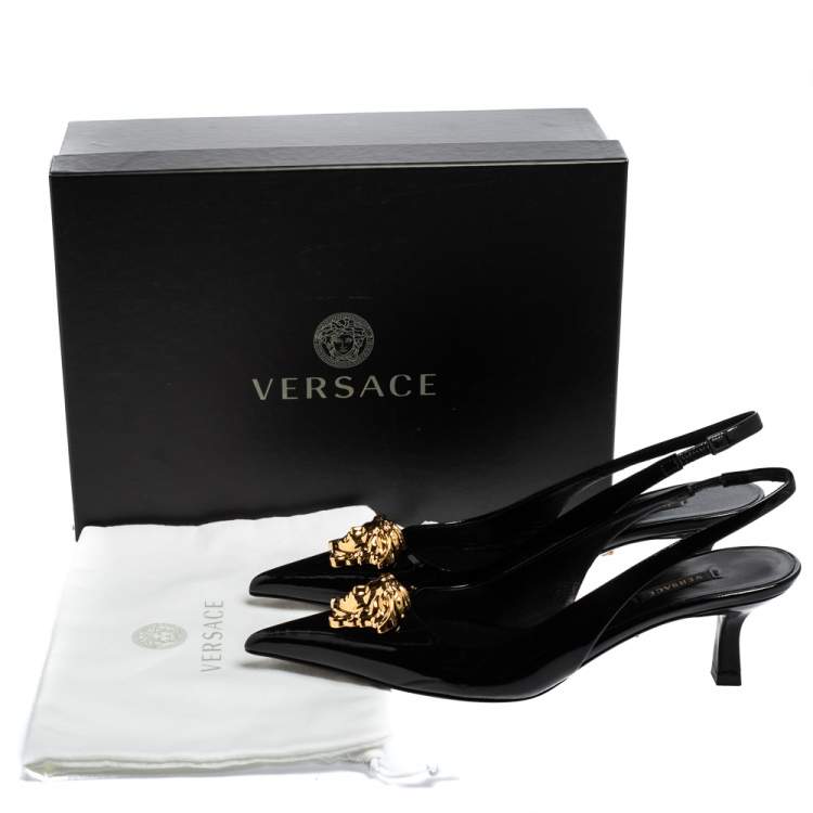 Pre Owned Versace Black Patent Leather Palazzo Medusa Slingback Pumps Size 39