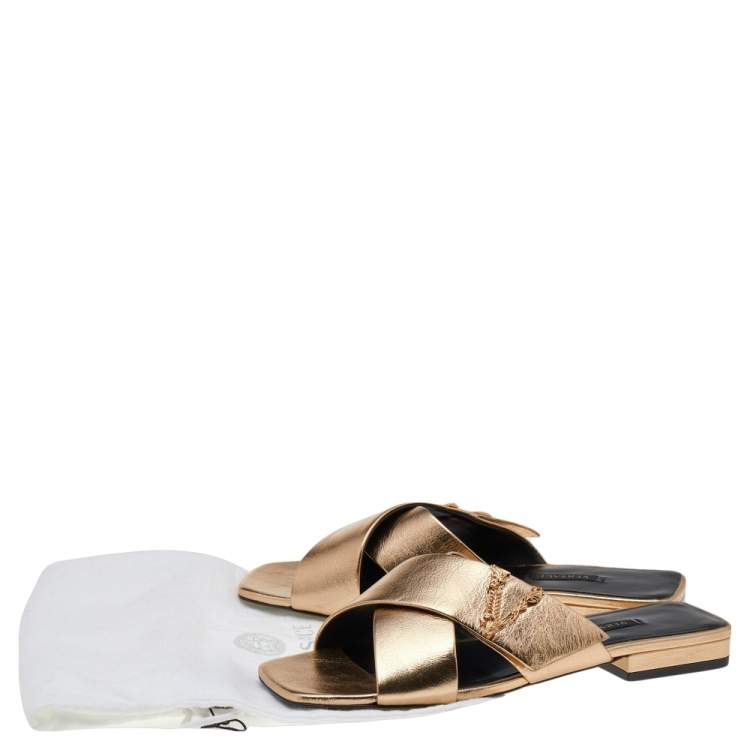Pre Owned Versace Gold Leather Crisscross Slide Sandals size 38