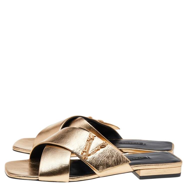 Pre Owned Versace Gold Leather Crisscross Slide Sandals size 38
