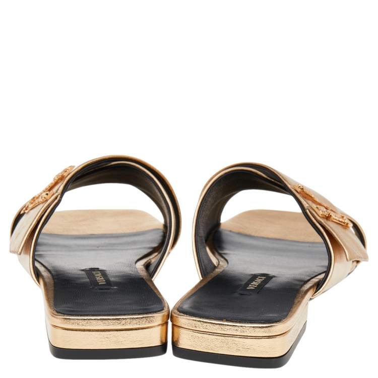 Pre Owned Versace Gold Leather Crisscross Slide Sandals size 38