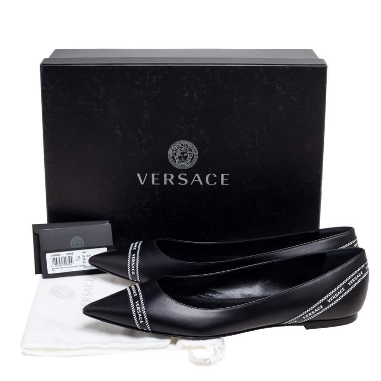 Pre Owned Versace Black Leather Logo Tape Detail Pointed-Toe Ballet Flats Size 41