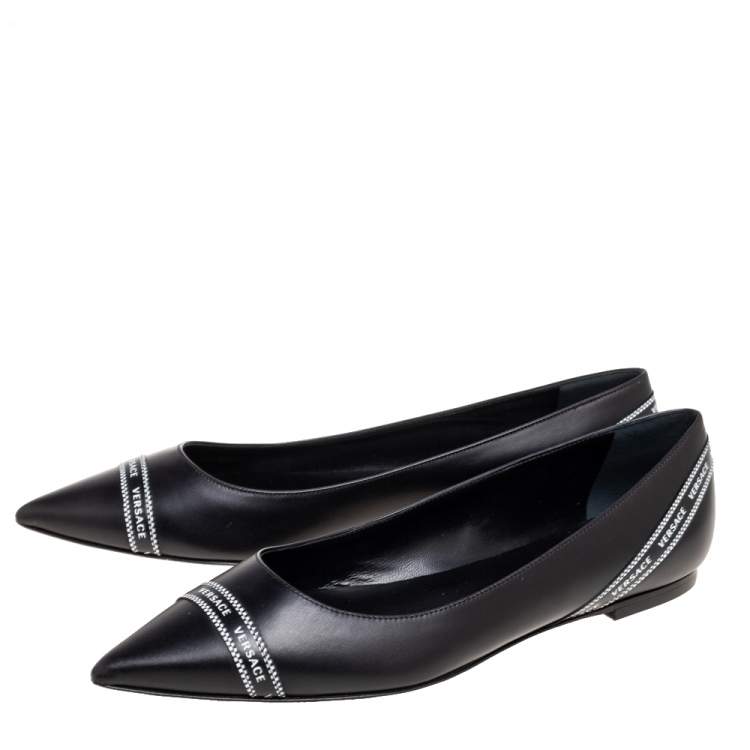 Pre Owned Versace Black Leather Logo Tape Detail Pointed-Toe Ballet Flats Size 41