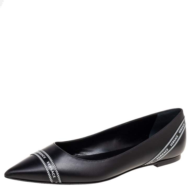 Pre Owned Versace Black Leather Logo Tape Detail Pointed-Toe Ballet Flats Size 41