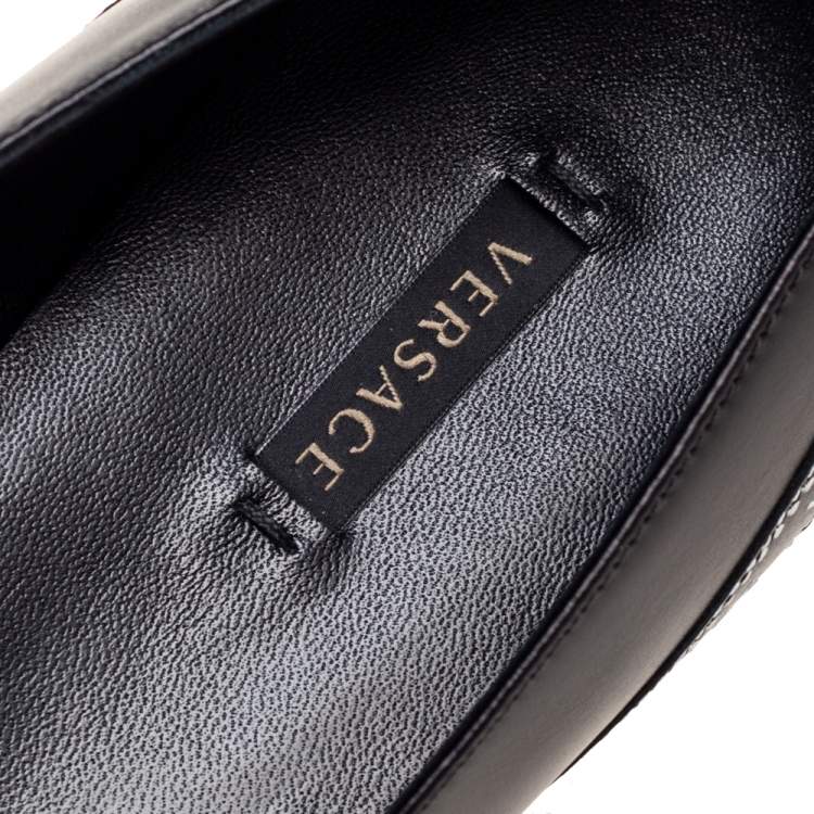 Pre Owned Versace Black Leather Logo Tape Detail Pointed-Toe Ballet Flats Size 41