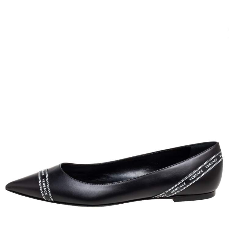 Pre Owned Versace Black Leather Logo Tape Detail Pointed-Toe Ballet Flats Size 41