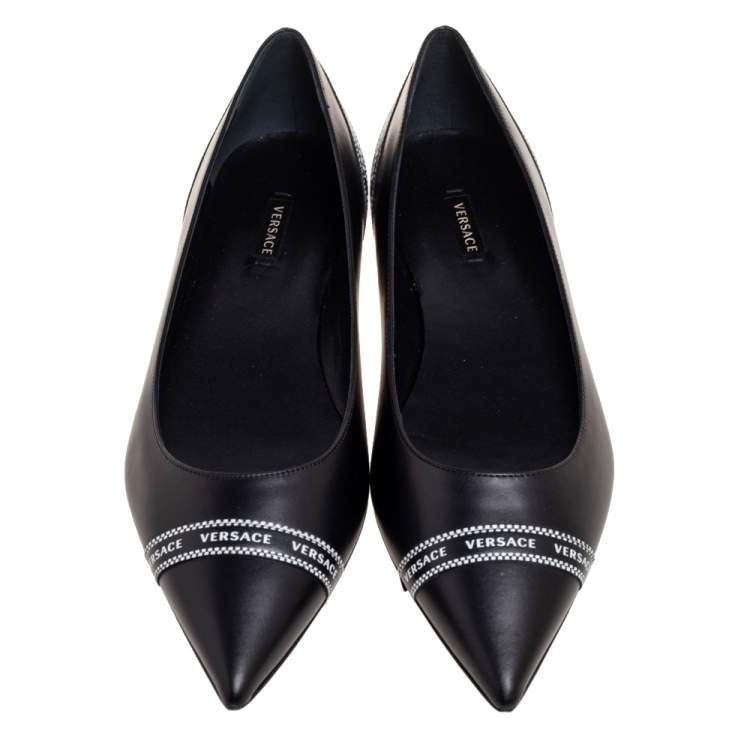 Pre Owned Versace Black Leather Logo Tape Detail Pointed-Toe Ballet Flats Size 41