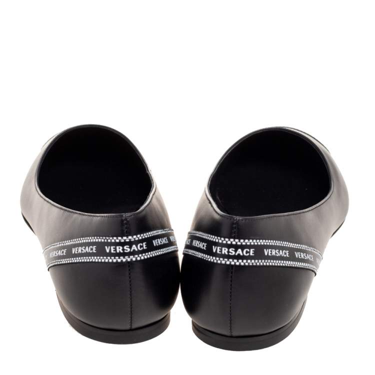 Pre Owned Versace Black Leather Logo Tape Detail Pointed-Toe Ballet Flats Size 41