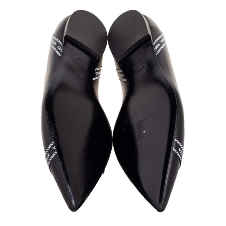 Pre Owned Versace Black Leather Logo Tape Detail Pointed-Toe Ballet Flats Size 41