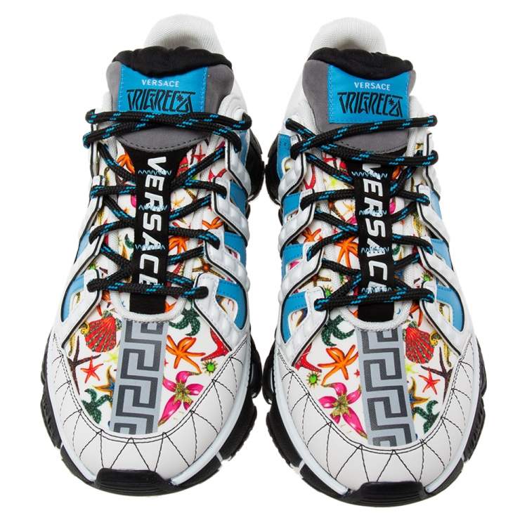 Pre Owned Versace White Leather  And Canvas Tresor de la mer Trigreca Lace Up Sneakers Size 39